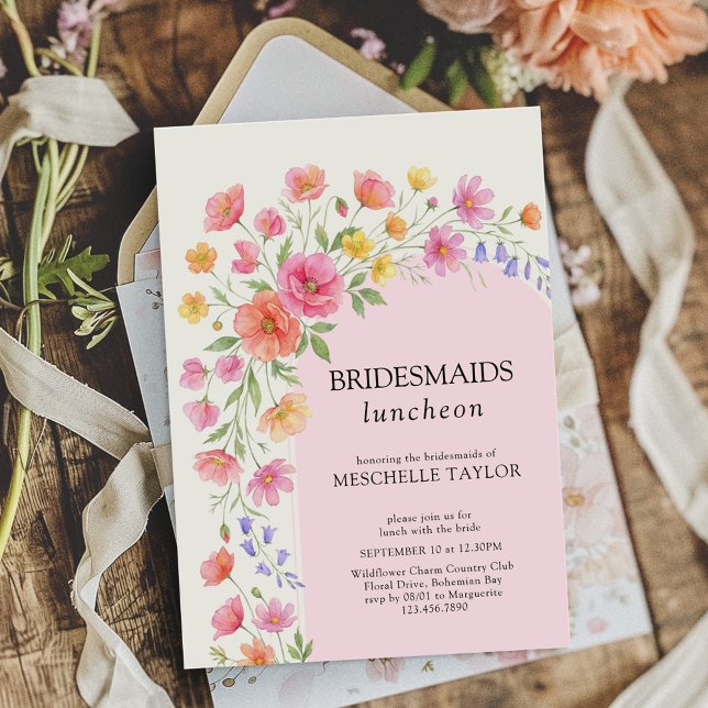Convite Almoço das Damas de Honra com Arco Floral Laranja  (Bridesmaids Luncheon invitation from the Wildflower Bloom wedding collection by Darling & May)