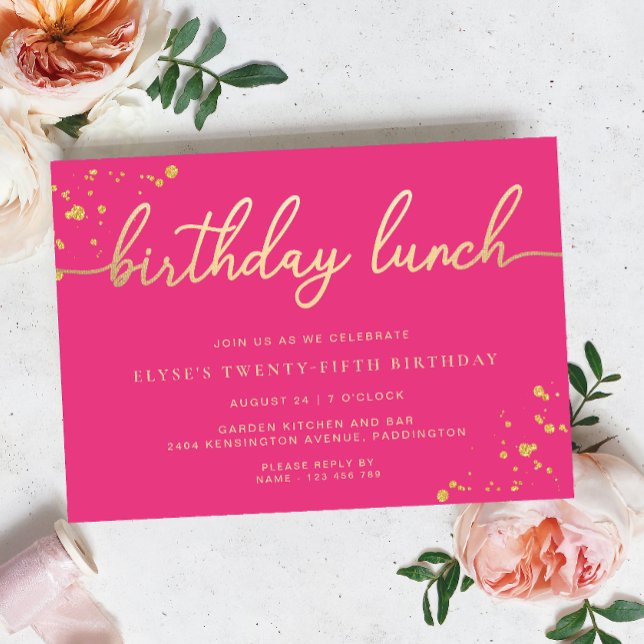 Convite Almoço de aniversário Dourado rosa quente (Birthday Lunch Invitation Paintly Hot Pink Gold )