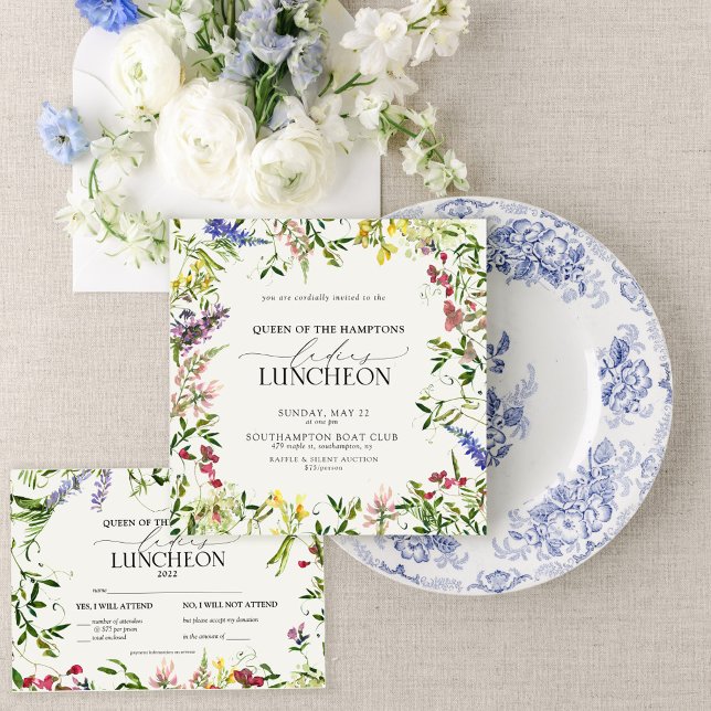 Convite Almoço de Caridade Elegante Aquarela Flor Silvestr (Classic florals for gatherings that bring women together.)