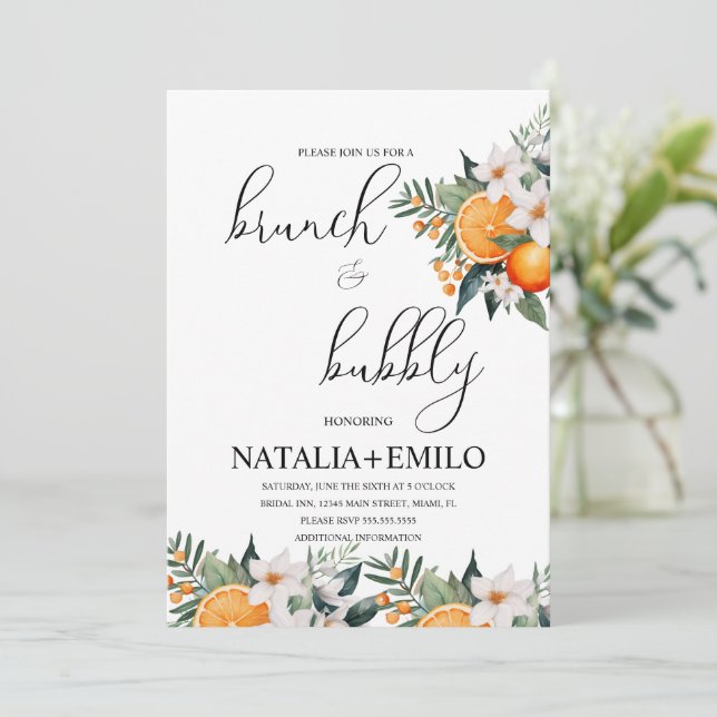 Convite Almoço de Chá de Noiva Floral de Laranja Cítrica (Em pé/Frente)