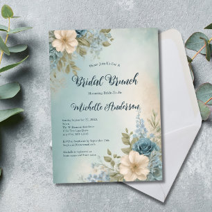 Convite Almoço de Chá de Noiva Floral em Aquarela Azul Bra