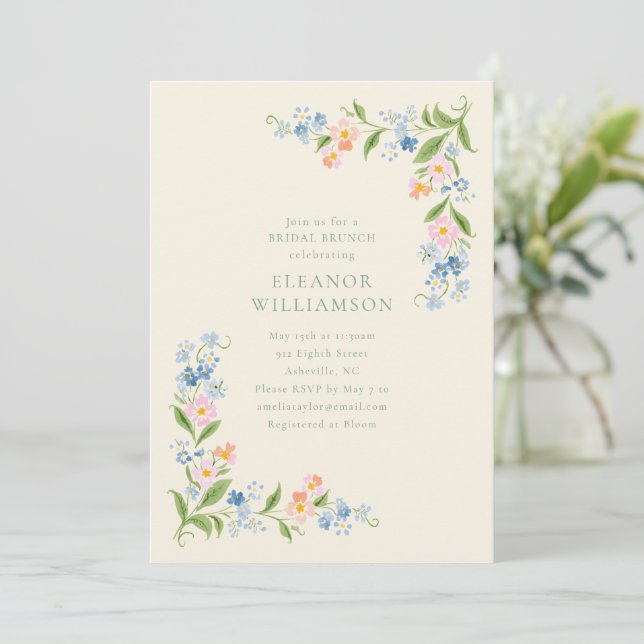 Convite Almoço de Chá de Noiva Floral em Aquarela Azul Pas (Em pé/Frente)