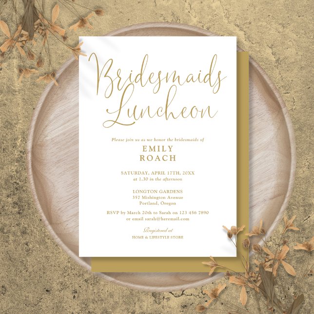 Convite Almoço de Damas de Honra com Elegância Chic em Let (Chic Elegant Gold Script Bridesmaids Luncheon Invitation)