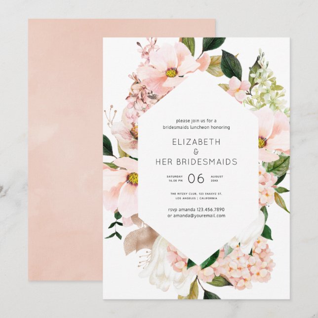 Convite Almoço de Damas de Honra com Hortênsias Florais Ro (Frente/Verso)