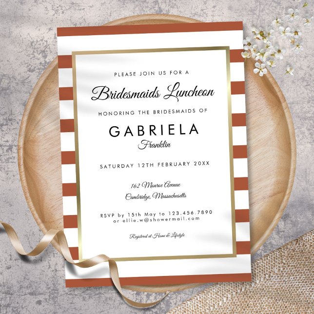 Convite Almoço de Damas de Honra com Listra de Terracota D (Terracotta Stripe Gold Bridesmaids Luncheon Invitation)