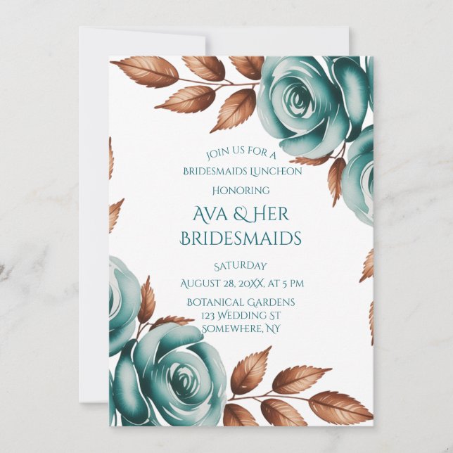 Convite Almoço de Damas de Honra com Rosas Azul-Verde e Fo (Frente)