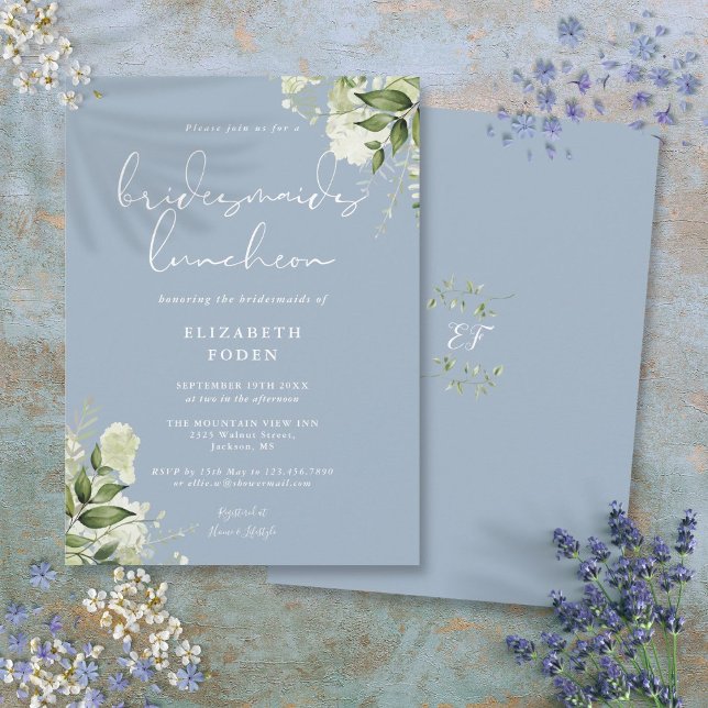 Convite Almoço de Damas de Honra em Azul Poeirento com Ver (Dusty Blue Greenery Bridesmaids Luncheon Invitation)