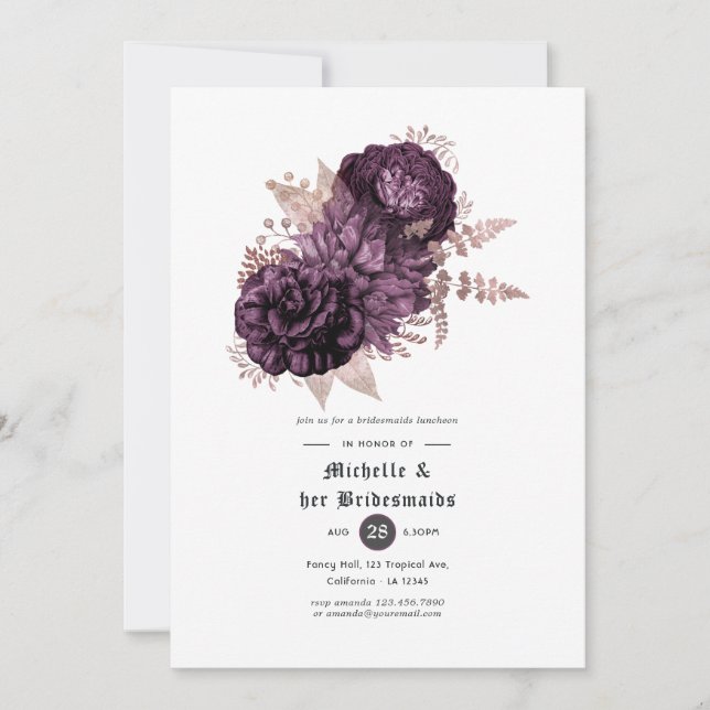 Convite Almoço de Damas de Honra em Floral Roxo Escuro e D (Frente)