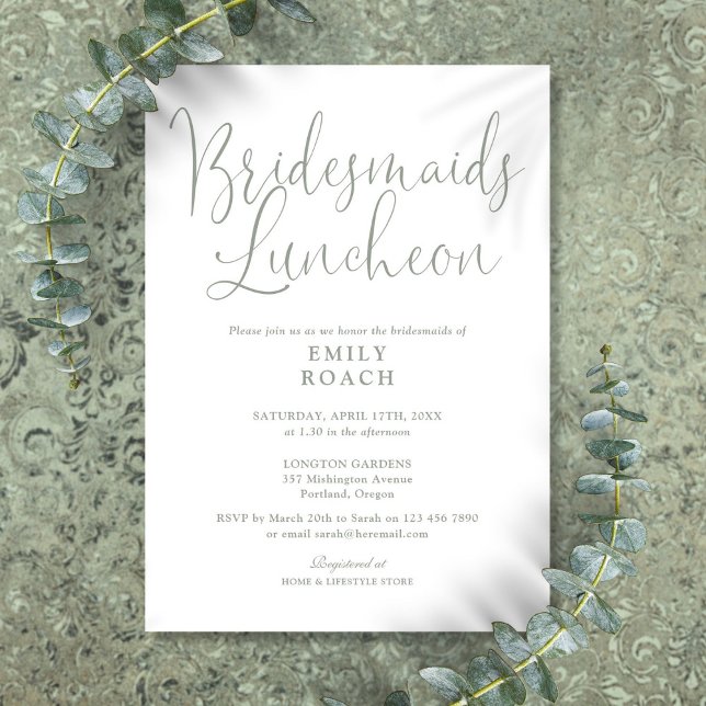 Convite Almoço de damas de honra em verde sage elegante e  (Sage Green Elegant Script Bridesmaids Luncheon Invitation)