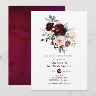 Convite Almoço de Damas de Honra Floral Borgonha e Rosa