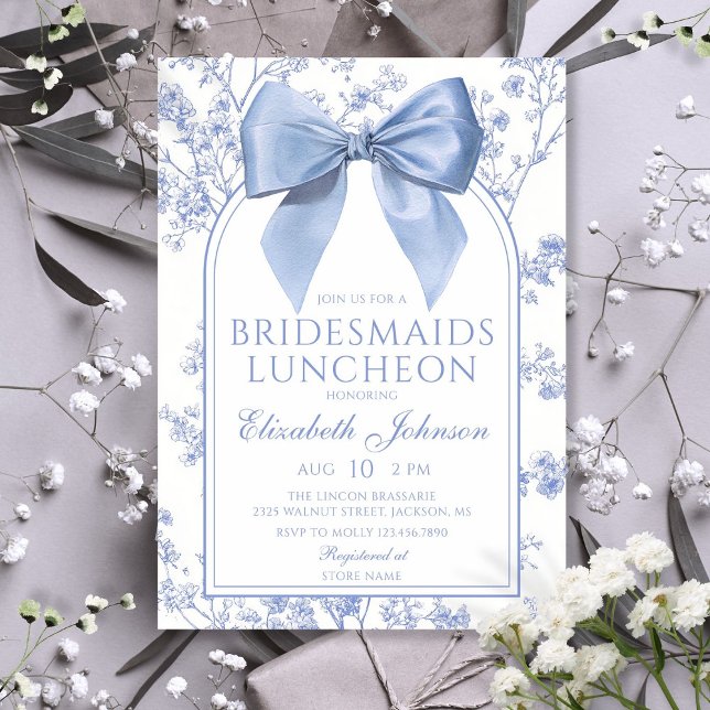 Convite Almoço de Damas de Honra Floral com Laço Azul Vint (Vintage Blue Bow Floral Bridesmaids Luncheon Invitation)