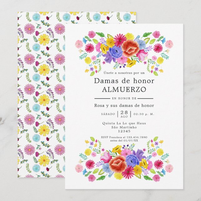 Convite Almoço de Damas de Honra Floral Fiesta Espanhola (Frente/Verso)