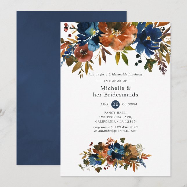 Convite Almoço de Damas de Honra Floral Gengibre e Azul Ma (Frente/Verso)