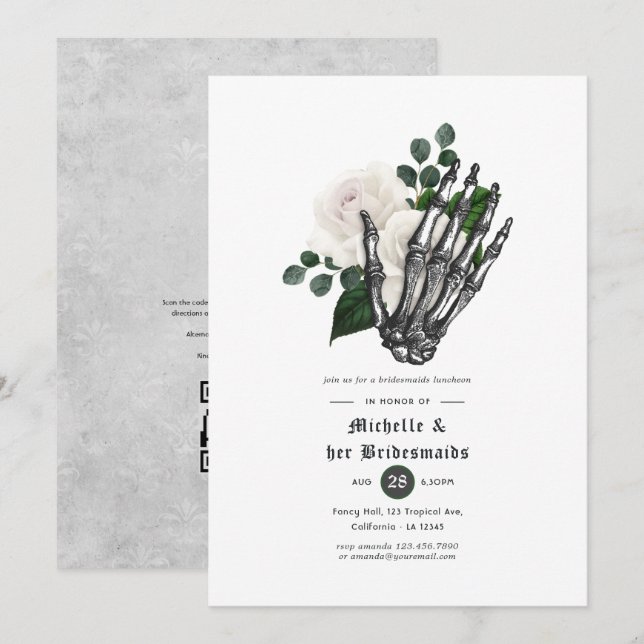 Convite Almoço de Damas de Honra Floral Gótico Branco (Frente/Verso)