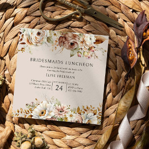 Convite Almoço de Damas de Honra Floral Marrom Neutro Rúst