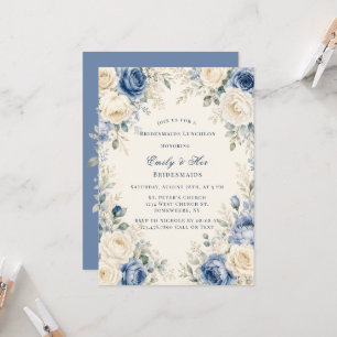 Convite Almoço de Damas de Honra Floral Rosa Azul e Creme