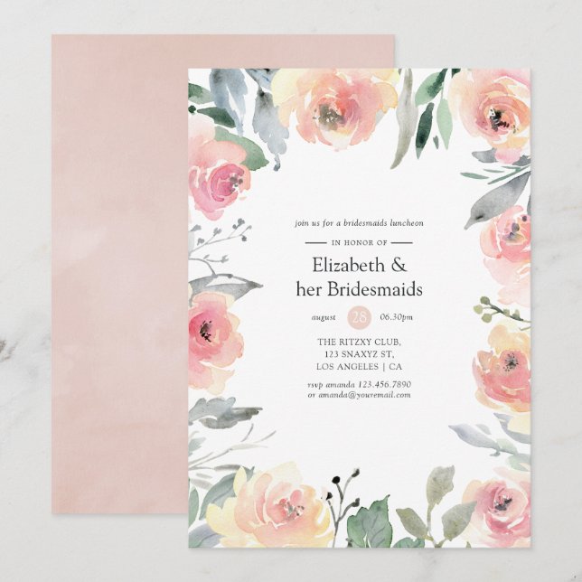 Convite Almoço de Damas de Honra Floral Rosa Pastel (Frente/Verso)