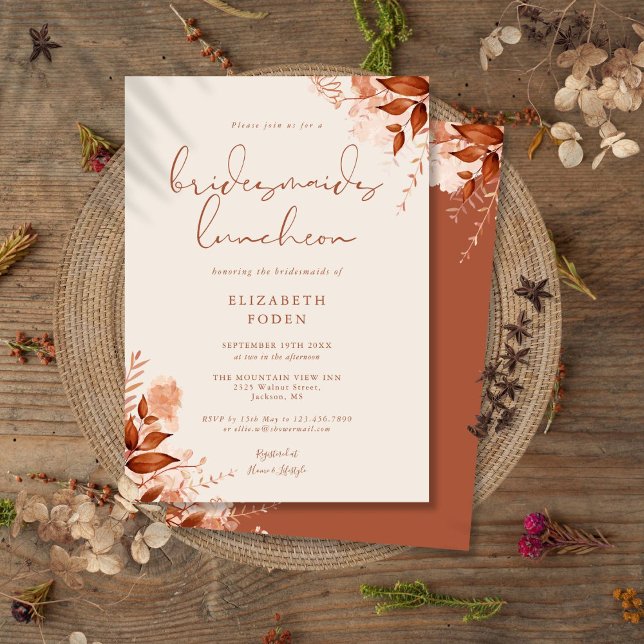 Convite Almoço de damas de honra Floral Rústico Outono (Autumn Fall Rustic Floral Bridesmaids Luncheon Invitation)