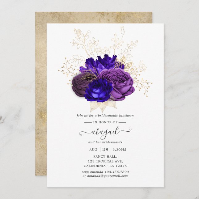 Convite Almoço de Damas de Honra Roxo, Azul Real e Dourado (Frente/Verso)