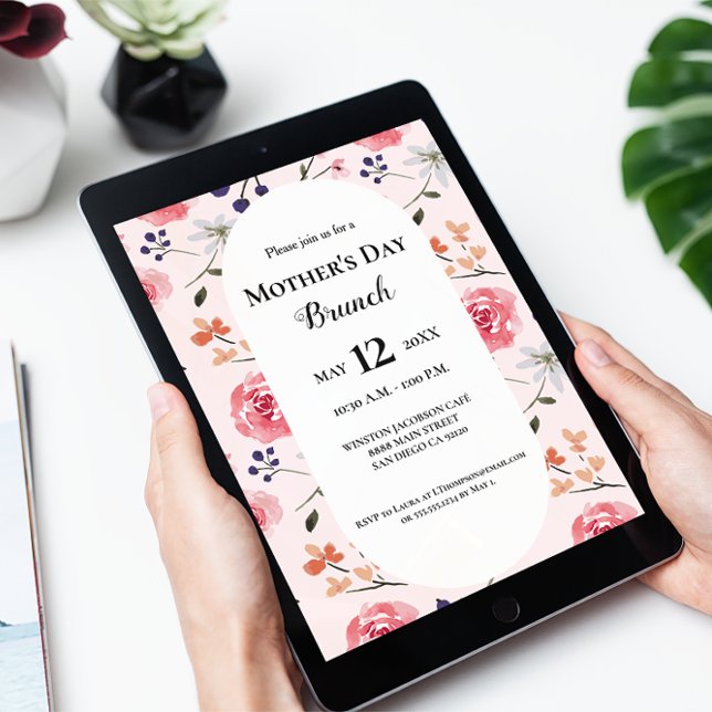Convite Almoço de Dia de as mães de Rosas Rosa Floral (Mother's day brunch digital download invitation. Pink roses, peonies watercolor pattern design.)