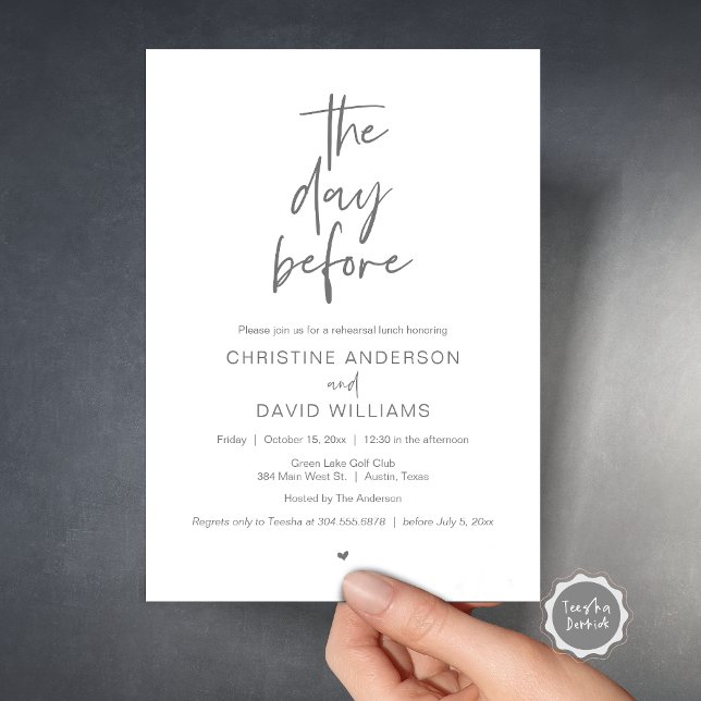 Convite Almoço de ensaio moderno, no dia anterior (The day before, Wedding Rehearsal Lunch Invitation Card, Modern Minimalist Script, Dark Grey)