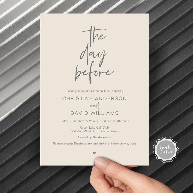 Convite Almoço de ensaio moderno, no dia anterior (The day before, Wedding Rehearsal Lunch Invitation Card, Modern Minimalist Script, Grey Cream)