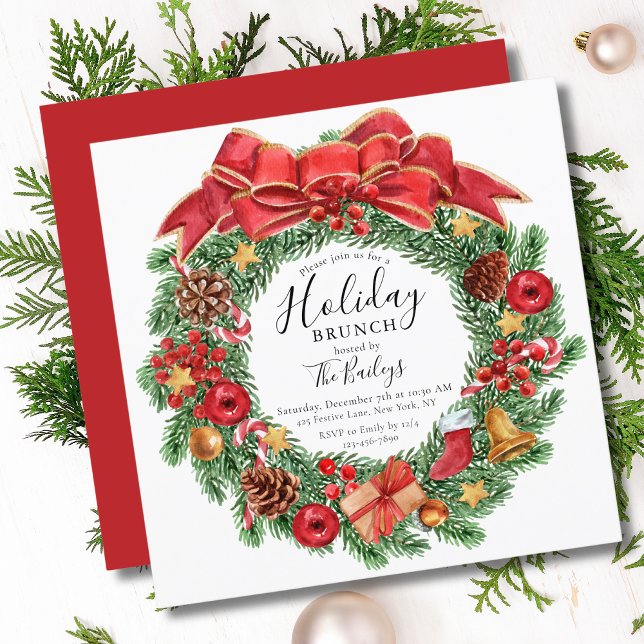 Convite Almoço de Natal Aguarela Coroa Floral (Criador carregado)