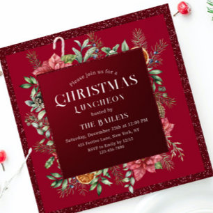 Convite Almoço de Natal Burgundy Glitter Poinsettia