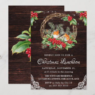 Convite Almoço de Natal com Robins Rústicos e Grinalda de 
