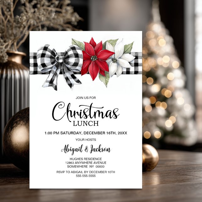 Convite Almoço de Natal com Xadrez de Búfalo de Poinsettia (Criador carregado)