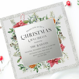 Convite Almoço de Natal Floral de Inverno Brilho Prata