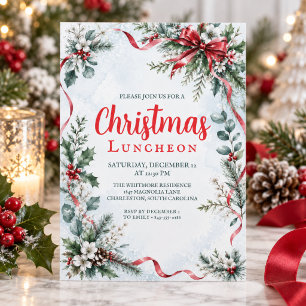 Convite Almoço de Natal Laço Vermelho Aquarela Folhagens