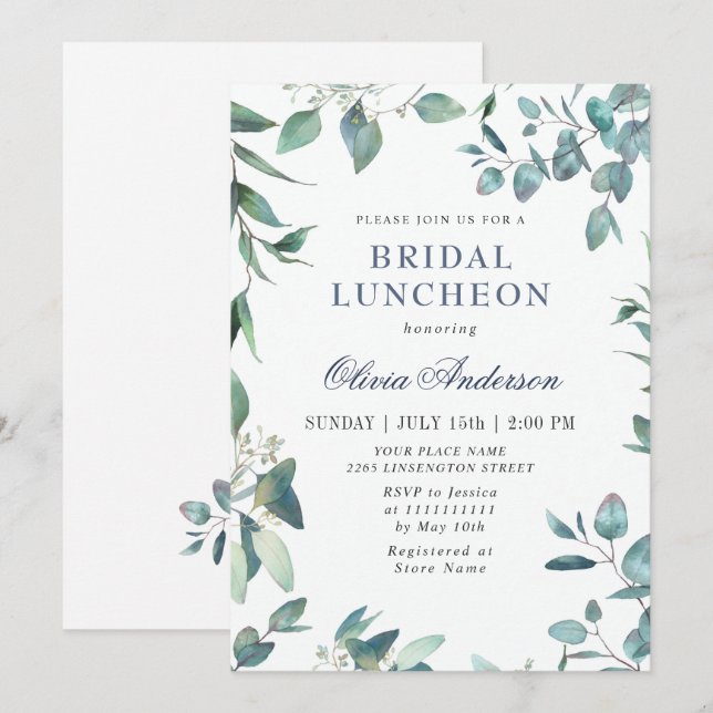 Convite Almoço de Noiva com Eucalipto em Aquarela (Frente/Verso)