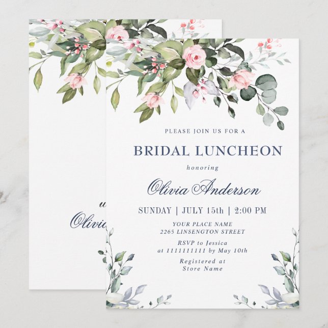 Convite Almoço de Noiva com Eucalipto em Aquarela (Frente/Verso)