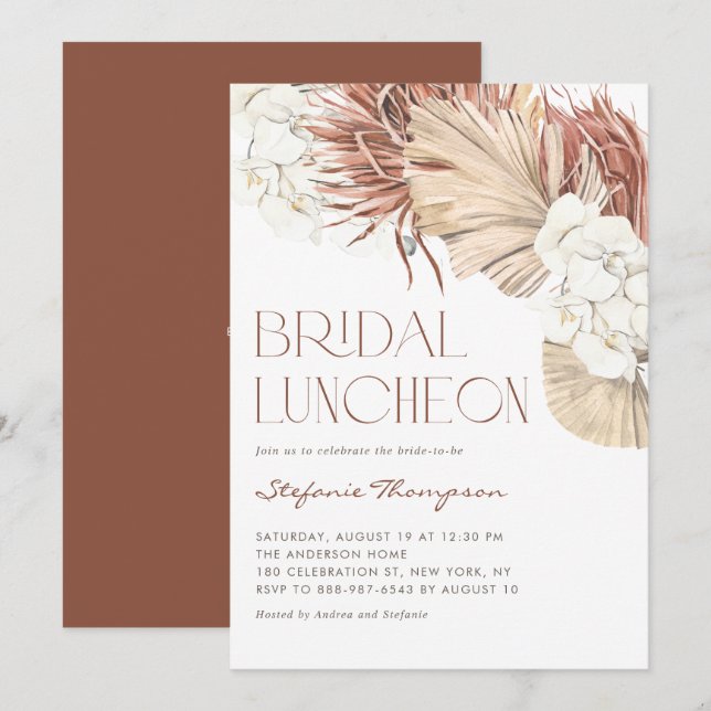 Convite Almoço de Noiva com Orquídeas Boho e Folhas de Pal (Frente/Verso)
