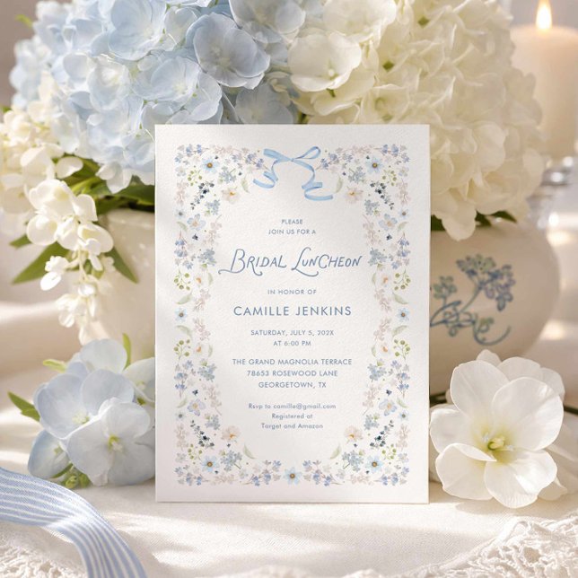 Convite Almoço de Noiva Floral Azul com Laço (Blue Floral Bridal Luncheon Invitation)