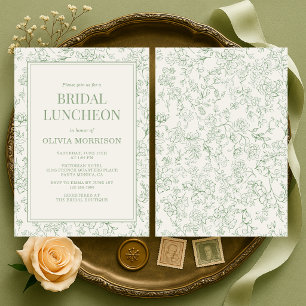 Convite Almoço de Noiva Floral Francês Chuva Verde Sálvia