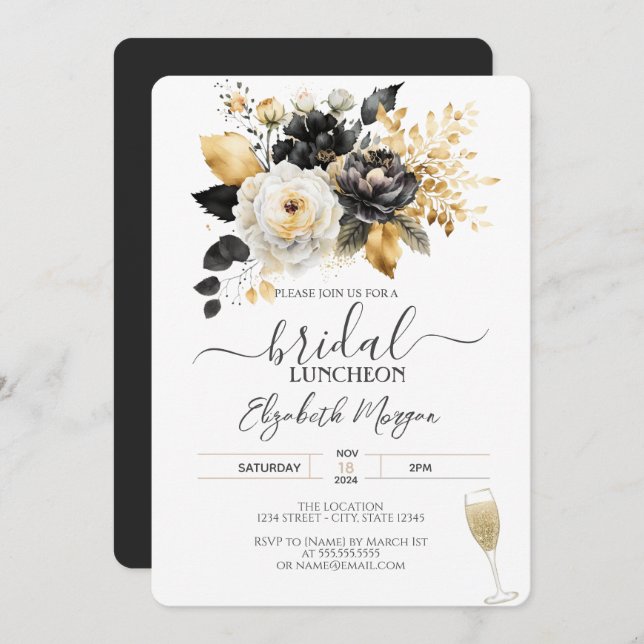 Convite Almoço de Noiva Flores Preto Branco Dourado (Frente/Verso)