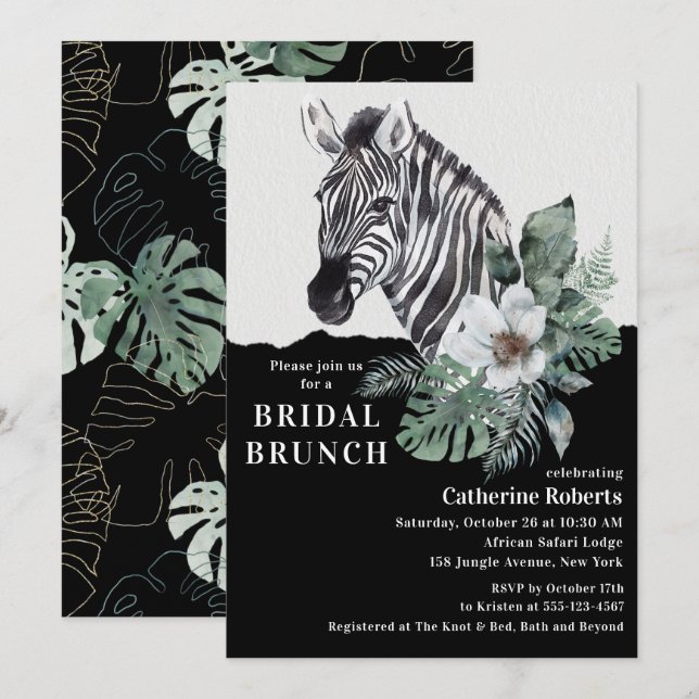 Convite Almoço de Noiva Tropical Zebra em Aquarela (Frente/Verso)