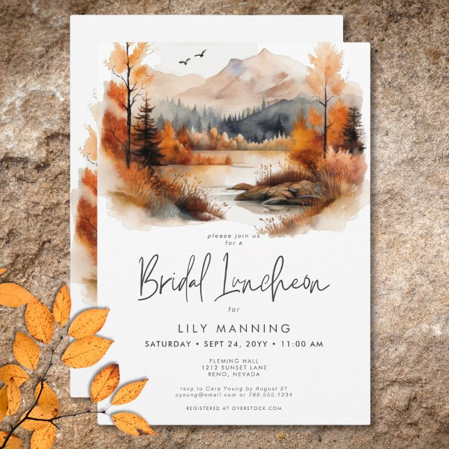 Convite Almoço de Noivado Rústico de Outono em Montanha em (Rustic Fall Mountain Watercolor Bridal Luncheon Invitation)
