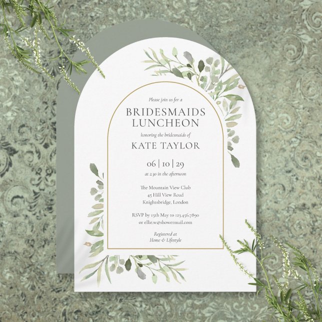 Convite Almoço de Noivas com Arco de Ouro Elegante e Folha (Elegant Gold Arch Greenery Bridesmaids Luncheon Invitation)