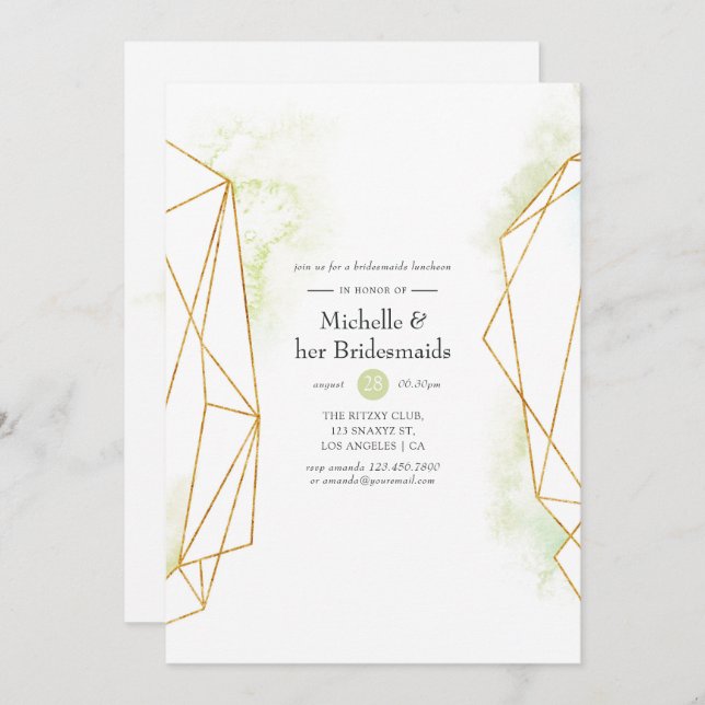 Convite Almoço de Noivas com Cristal Geométrico em Aquarel (Frente/Verso)