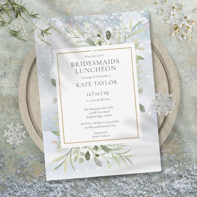 Convite Almoço de Noivas com Verde e Neve de Inverno Elega (Elegant Winter Snow Greenery Bridesmaids Luncheon Invitation)