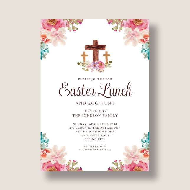 Convite Almoço de Páscoa Cruz Floral Elegante (Elegant Floral Cross Easter Lunch Invitation)