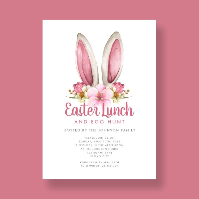 Convite Almoço de Páscoa de Coelhinho Floral Bonito (Cute Floral Bunny Ears Easter Lunch Invitation)