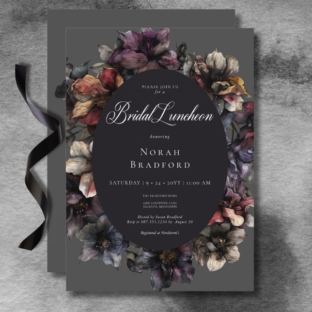 Convite Almoço Floral de Brida Floral de Moody Gótica Escu (Dark Gothic Moody Watercolor Floral Bridal Lunch Invitation)