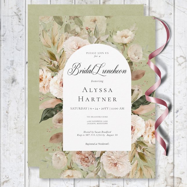 Convite Almoço Nêutico Russo Do Arco Floral Verde (Rustic Neutral Tan Green Floral Arch Bridal Lunch Invitation)