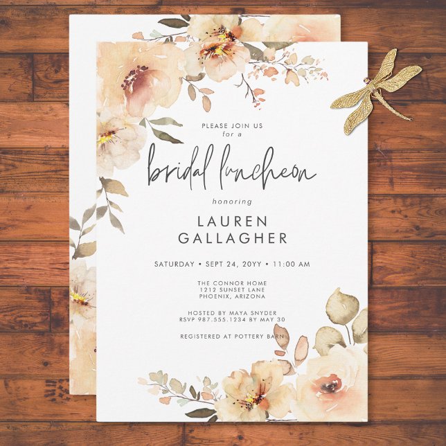 Convite Almoço Nupcial com Tema de Champanhe e Floral Mode (Modern Fall Champagne Floral Frame Bridal Luncheon Invitation)