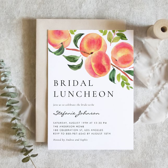 Convite Almoço Nupcial de Peaches em Aquarela de Verão (Watercolor peach bridal luncheon invitation for a sweet summer celebration.)