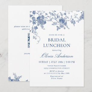 Convite Almoço Nupcial Floral Azul Vitoriano Elegante